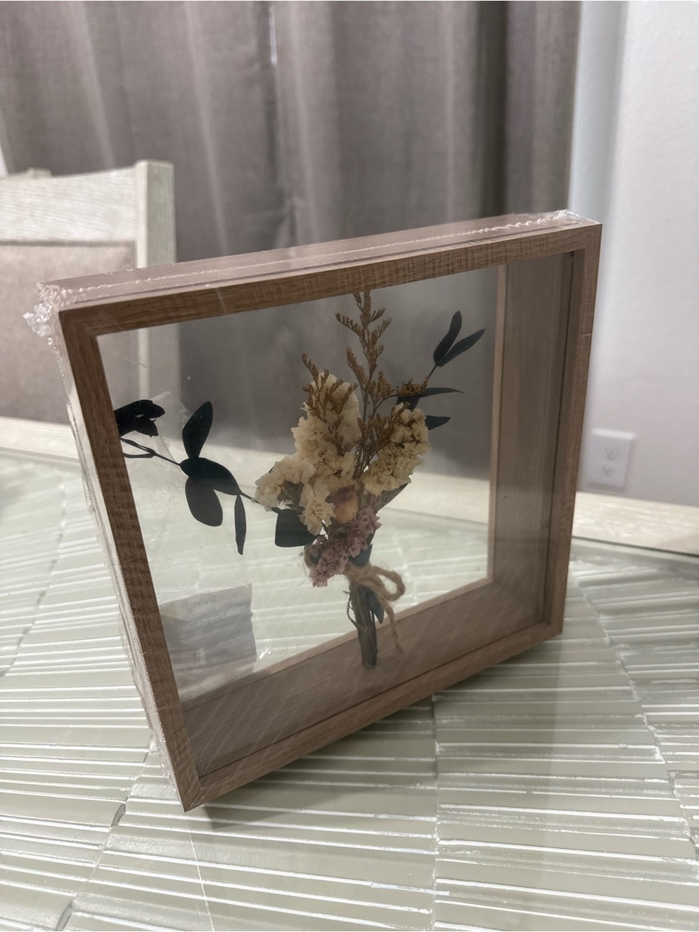 Rustic Wooden Shadow Box with Preserved Cream Floral Bouquet